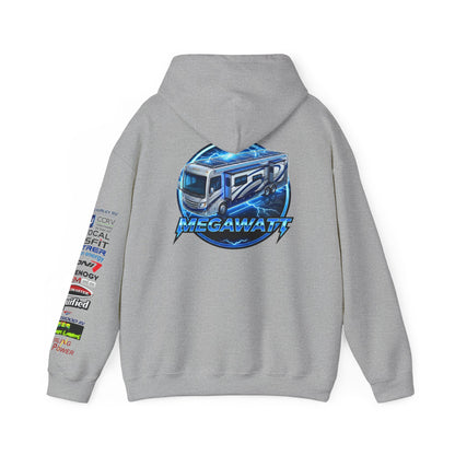 RV Megawatt Hoodie — Retro Camper Graphic Pullover with Sponsor Sleeve Logos