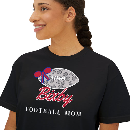 Bixby Spartans Football Mom Women's Boxy Tee – Leopard Football & Bow, White Lettering