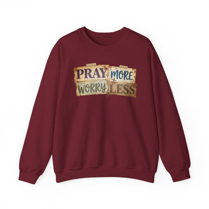 Pray More Worry Less Gildan Sweatshirt | Faith Christian Bible Verse Crewneck