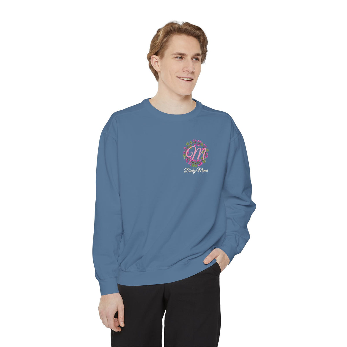 Bixby Mama Sweatshirt in Blue Jean, worn, front view