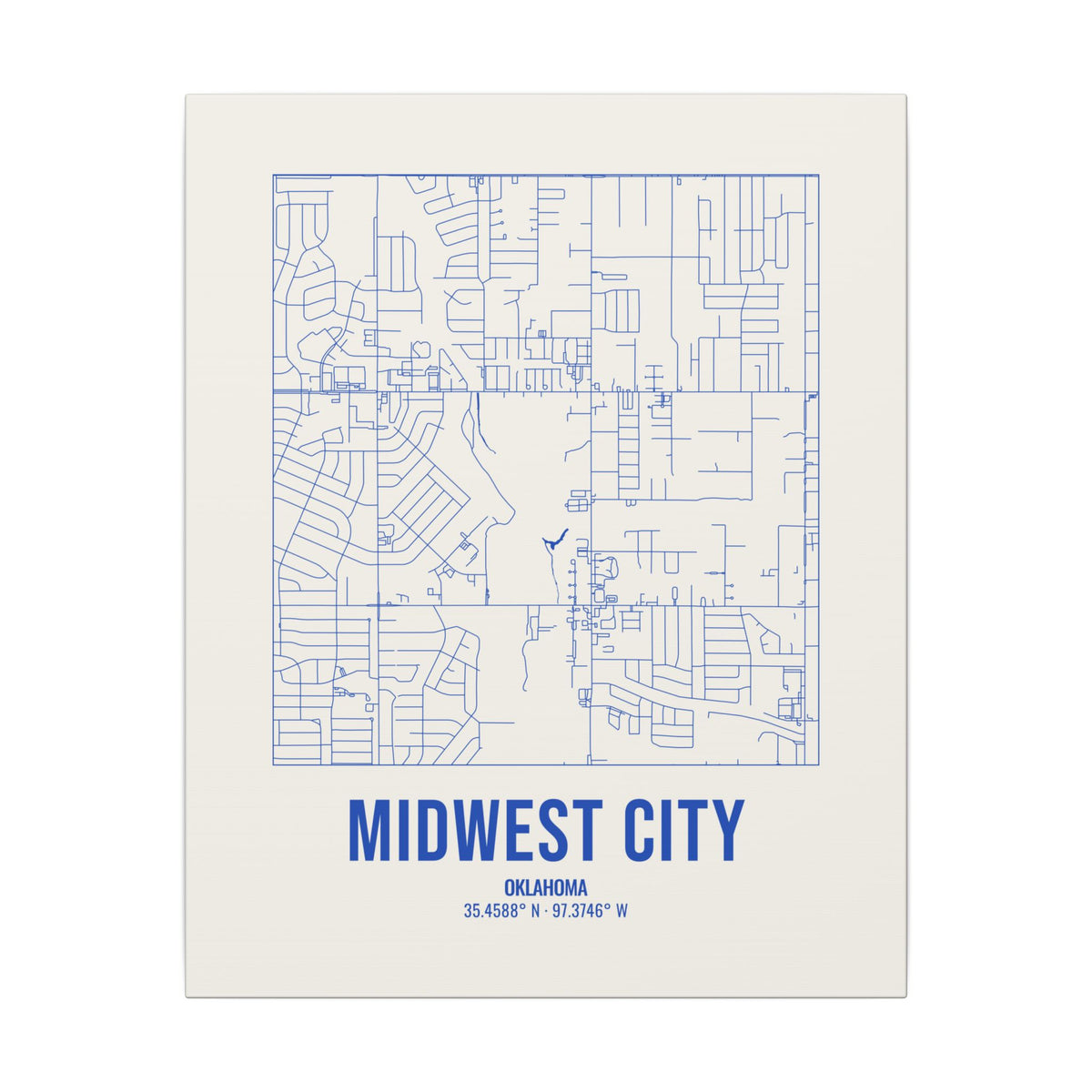 Midwest City Street Map Canvas, Royal Blue on Cream