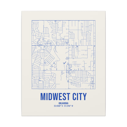 Midwest City Street Map Canvas, Royal Blue on Cream