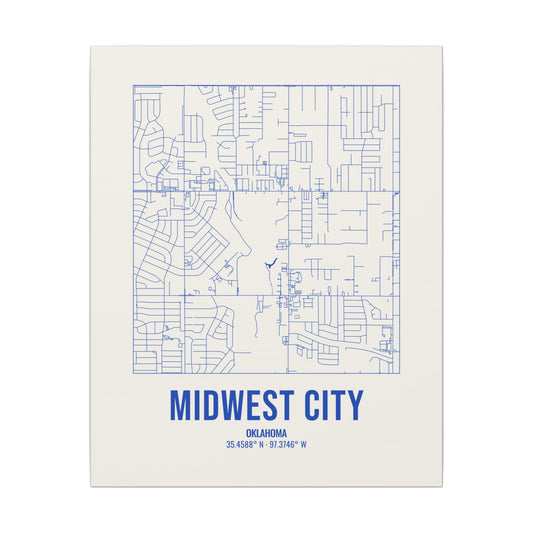 Midwest City Street Map Canvas, Royal Blue on Cream