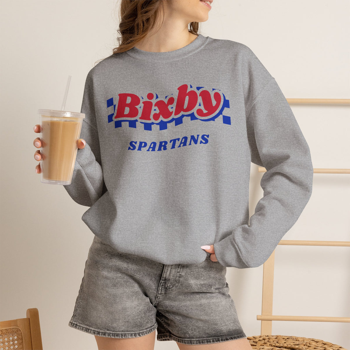 Bixby Spartans Retro Blue Checkered Script Sweatshirt – Vintage Game Day Crewneck