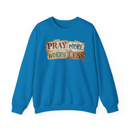 Pray More Worry Less Gildan Sweatshirt | Faith Christian Bible Verse Crewneck