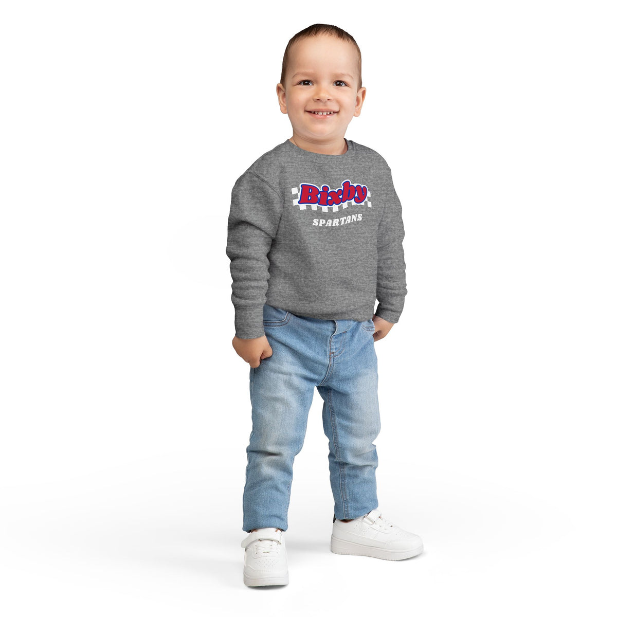 Bixby Spartans Retro Script Checkered Toddler Sweatshirt – Little Spartan Game Day Crewneck