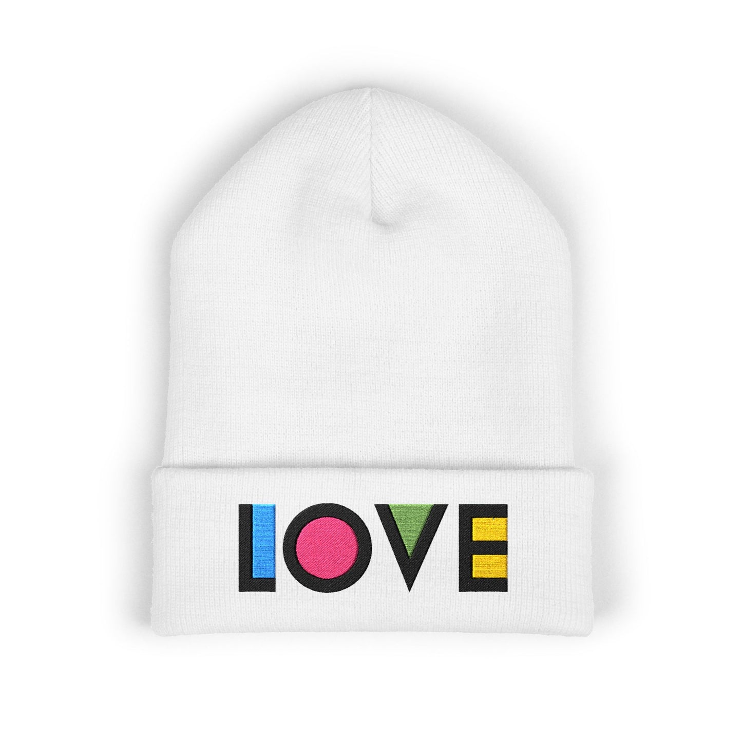 LOVE Embroidered Cuffed Beanie — Colorful Retro Knit Hat for Pride & Everyday Wear
