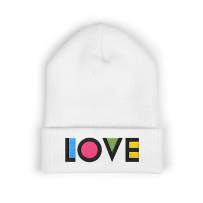 LOVE Embroidered Cuffed Beanie — Colorful Retro Knit Hat for Pride & Everyday Wear