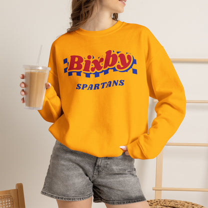 Bixby Spartans Retro Blue Checkered Script Sweatshirt – Vintage Game Day Crewneck