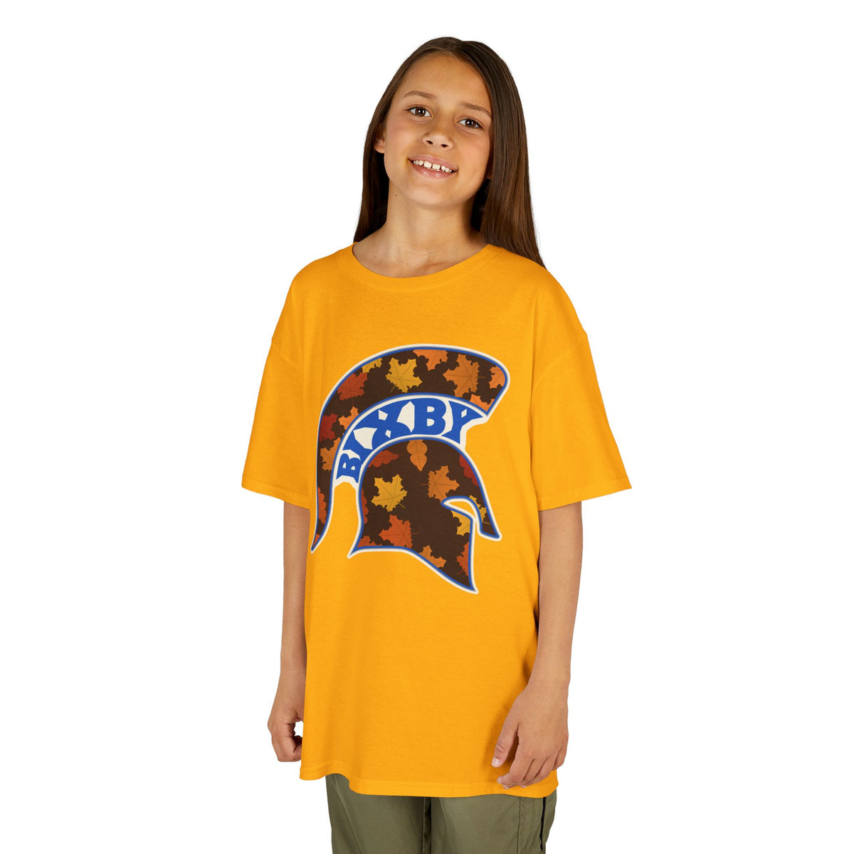 Bixby Spartans Fall Leaves Helmet Youth Tee – Kids Autumn Game Day Shirt