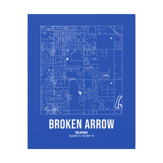 Broken Arrow Street Map Canvas, White on Royal Blue