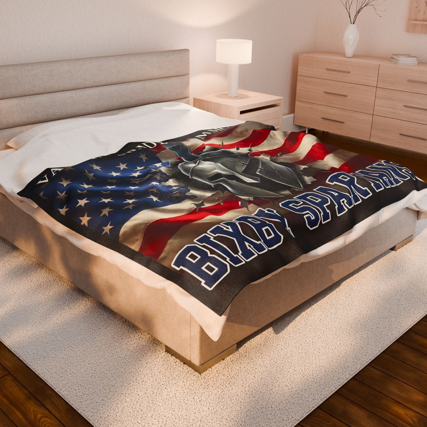 Bixby Spartans Velveteen Plush Blanket — Valor • Pride • Community with American Flag and Spartan Helmet
