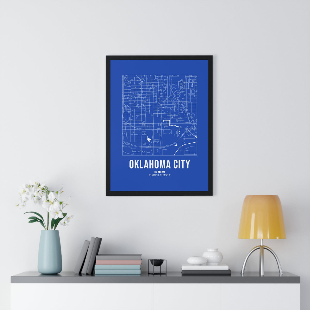 Oklahoma City Street Map Framed Print, White on Royal Blue