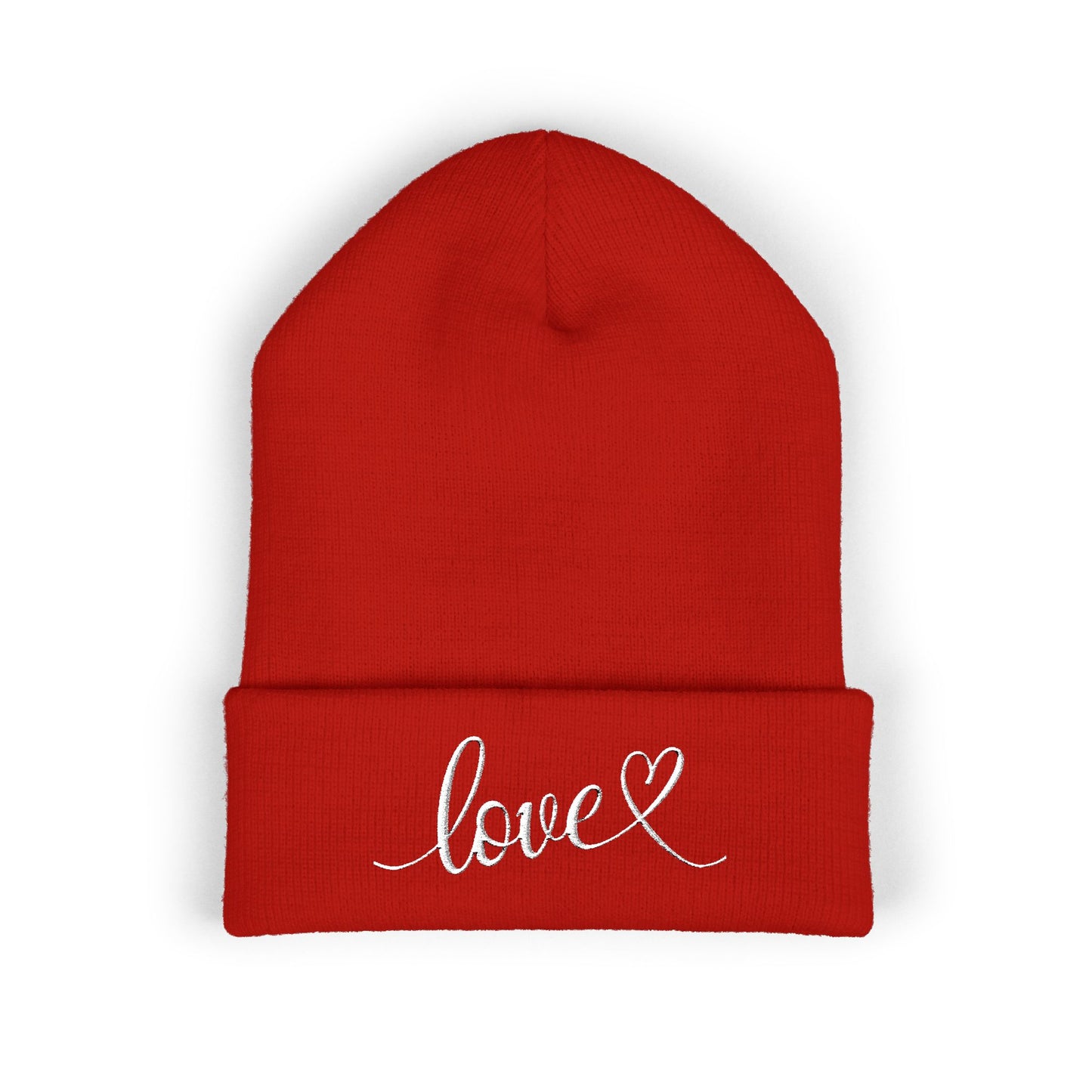 Embroidered Love Cuffed Beanie Cozy Knit Hat with Heart Script