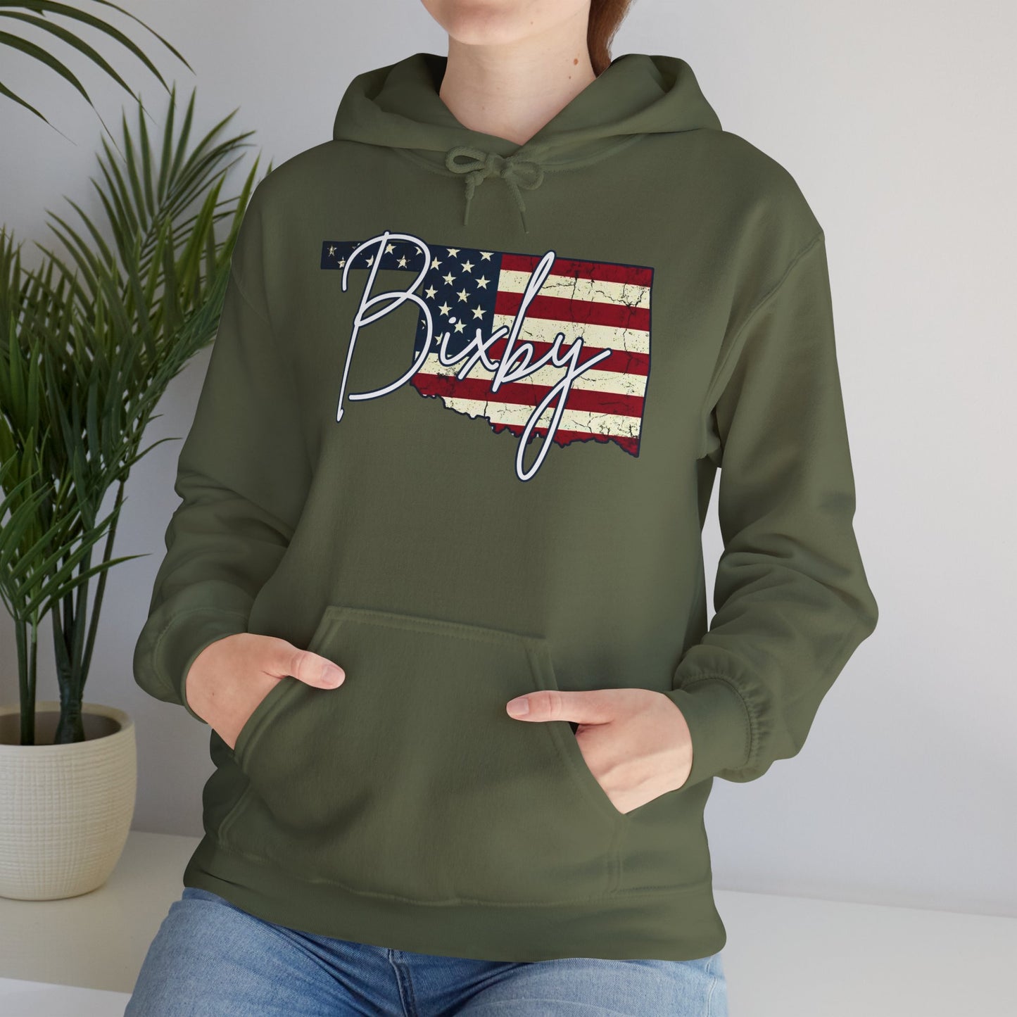 Oklahoma Flag Hoodie with "Bixby" Script Gildan Hoodie