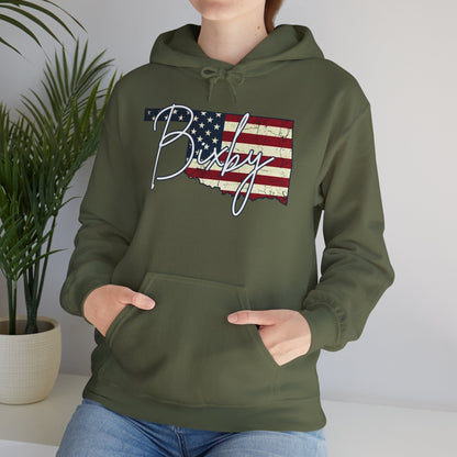 Oklahoma Flag Hoodie with "Bixby" Script Gildan Hoodie