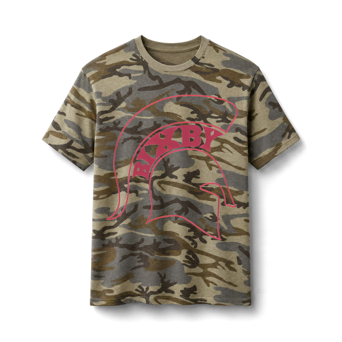 Bixby Spartans Camo Spartan Helmet - Pink Outline Military Graphic Tee