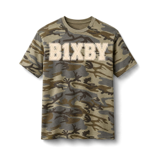Bixby Spartans Camo B1XBY - Vintage Varsity Lettering Cotton T‑ Tee