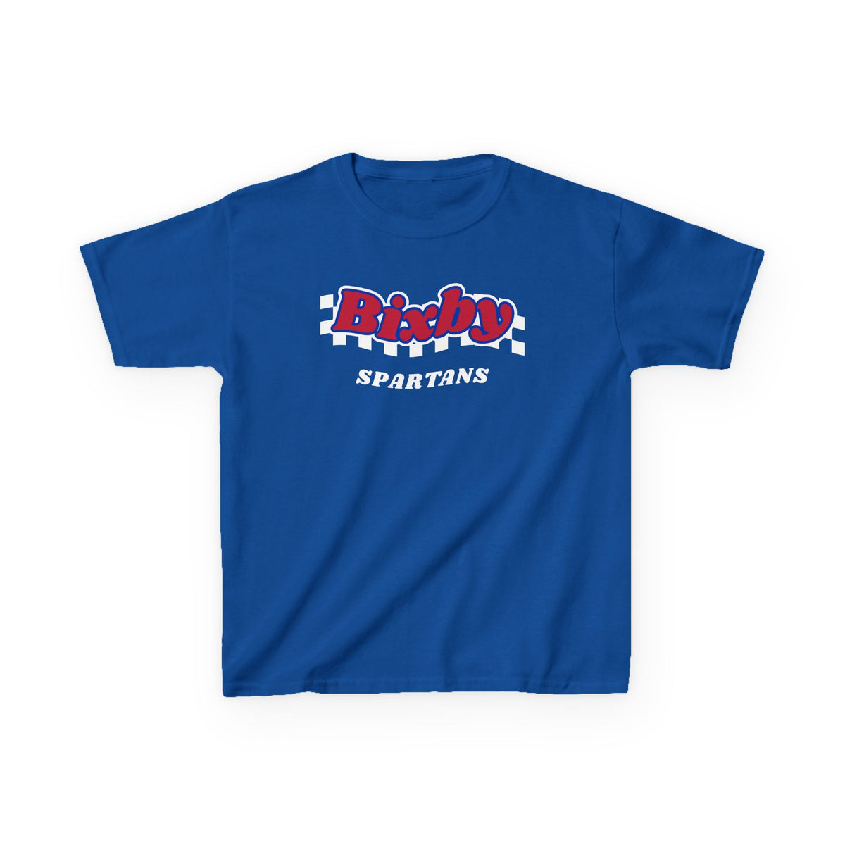 Bixby Spartans Retro Script Checkered Youth Tee – Kids Red, White & Blue Game Day Shirt