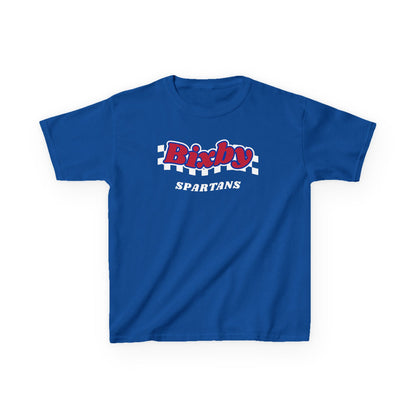 Bixby Spartans Retro Script Checkered Youth Tee – Kids Red, White & Blue Game Day Shirt