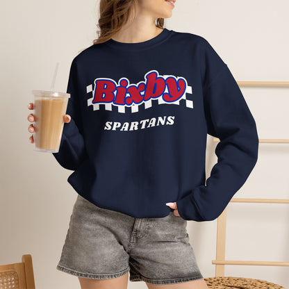 Bixby Spartans Retro Script Checkered Sweatshirt – Red, White & Blue Game Day Crewneck