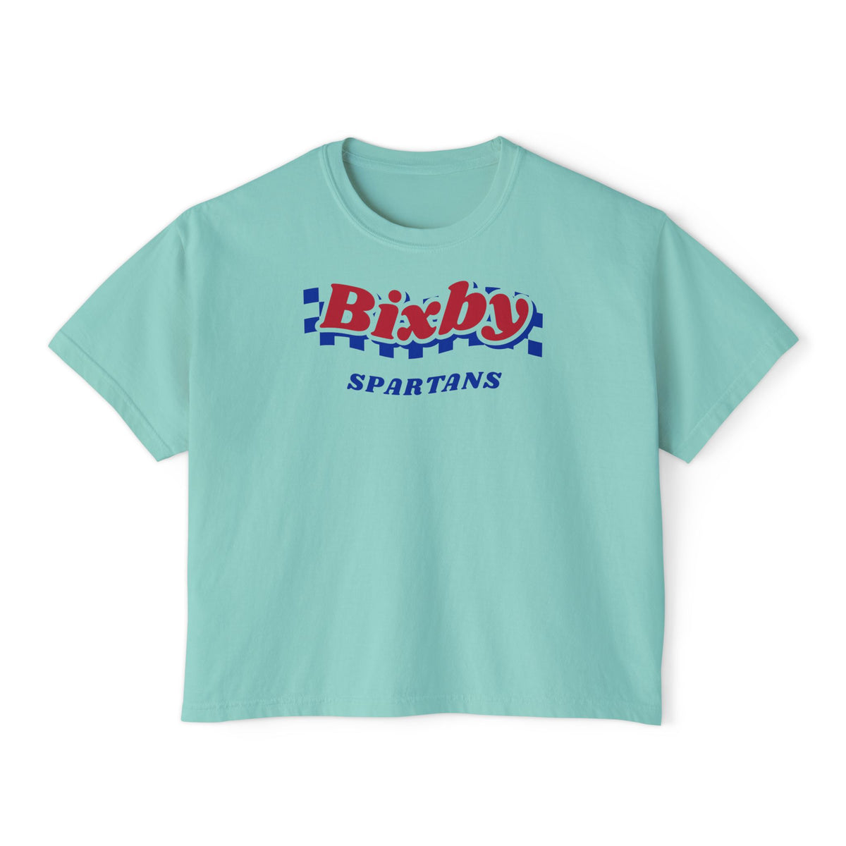 Bixby Spartans Navy Checker Retro Logo Women's Boxy Tee – Game Day Shirt