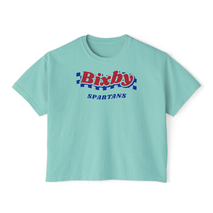 Bixby Spartans Navy Checker Retro Logo Women's Boxy Tee – Game Day Shirt