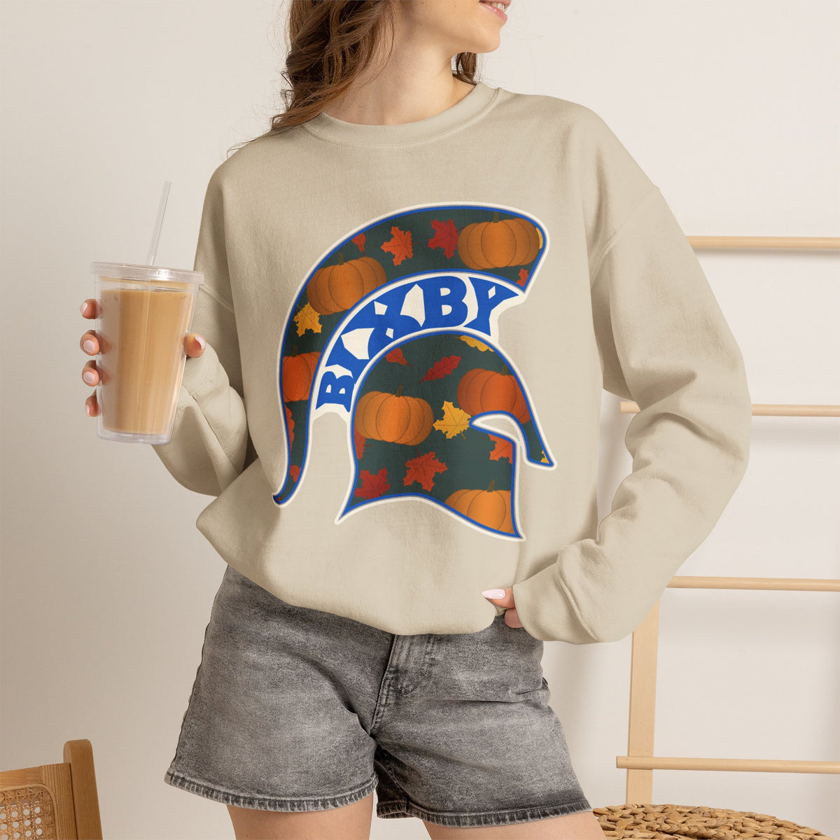 Bixby Spartans Pumpkin Patch Helmet Sweatshirt – Fall Game Day Crewneck