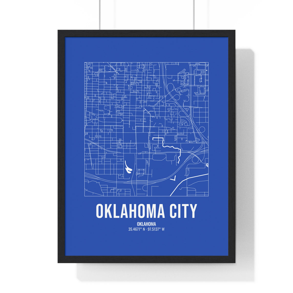 Oklahoma City Street Map Framed Print, White on Royal Blue