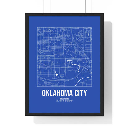 Oklahoma City Street Map Framed Print, White on Royal Blue