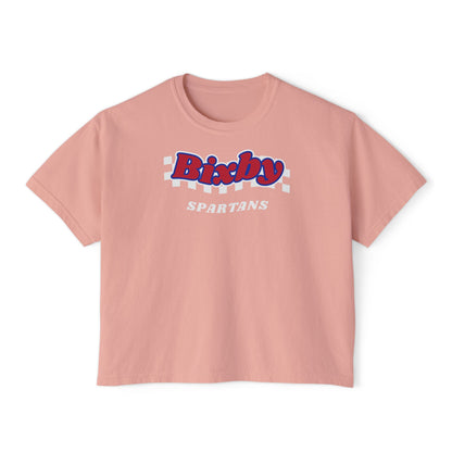 Bixby Spartans White Checker Retro Logo Women's Boxy Tee – Game Day Shirt