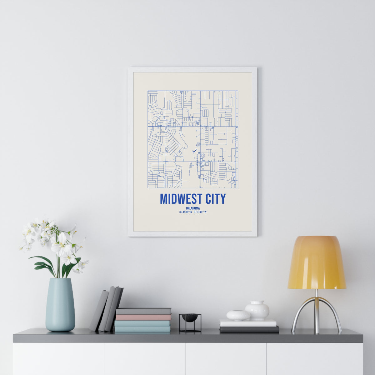 Midwest City Street Map Framed Print, Royal Blue on Cream