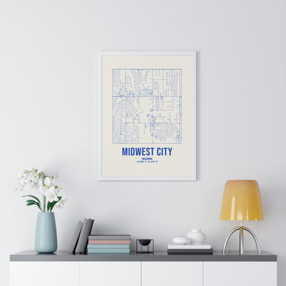 Midwest City Street Map Framed Print, Royal Blue on Cream
