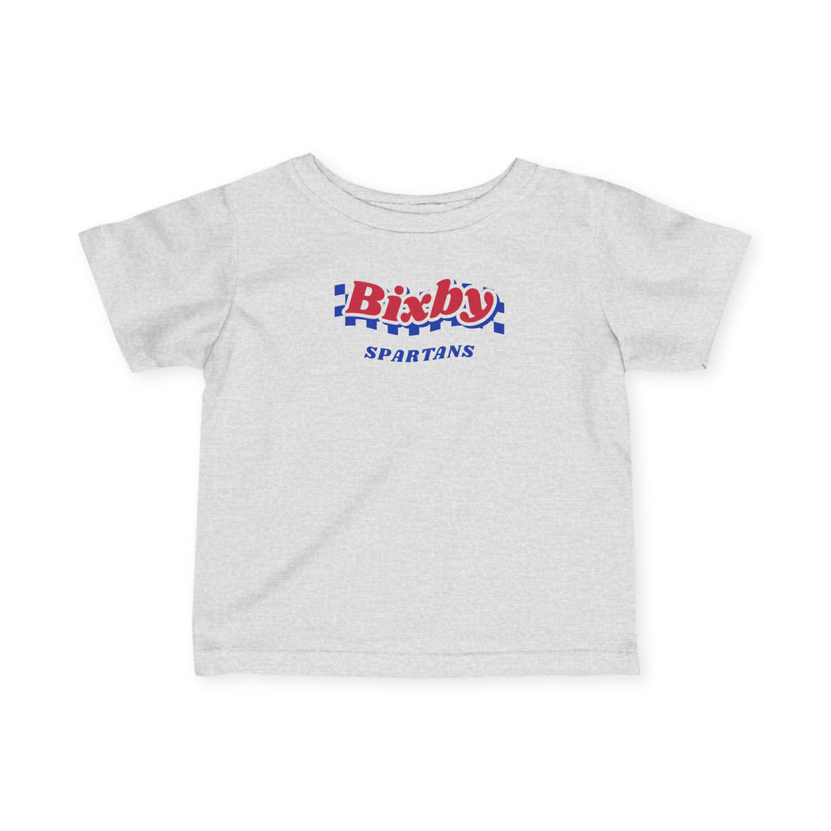 Bixby Spartans Retro Blue Checkered Script Infant Tee – Baby Vintage Spartan Shirt