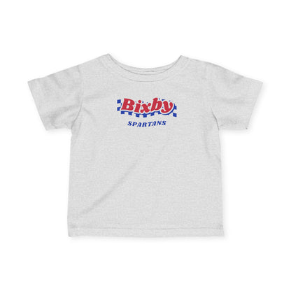 Bixby Spartans Retro Blue Checkered Script Infant Tee – Baby Vintage Spartan Shirt