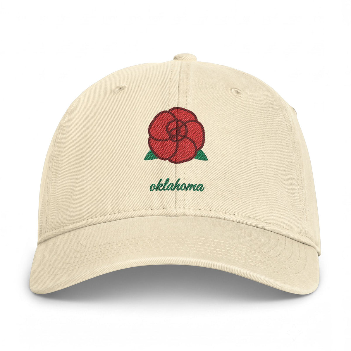 Oklahoma Rose embroidered washed cap in Ivory, front view