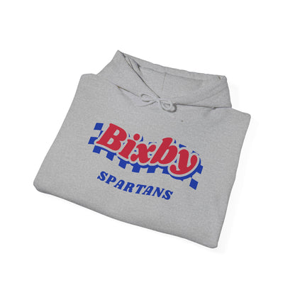 Bixby Spartans Retro Blue Checkered Script Hoodie – Vintage Game Day Hooded Sweatshirt