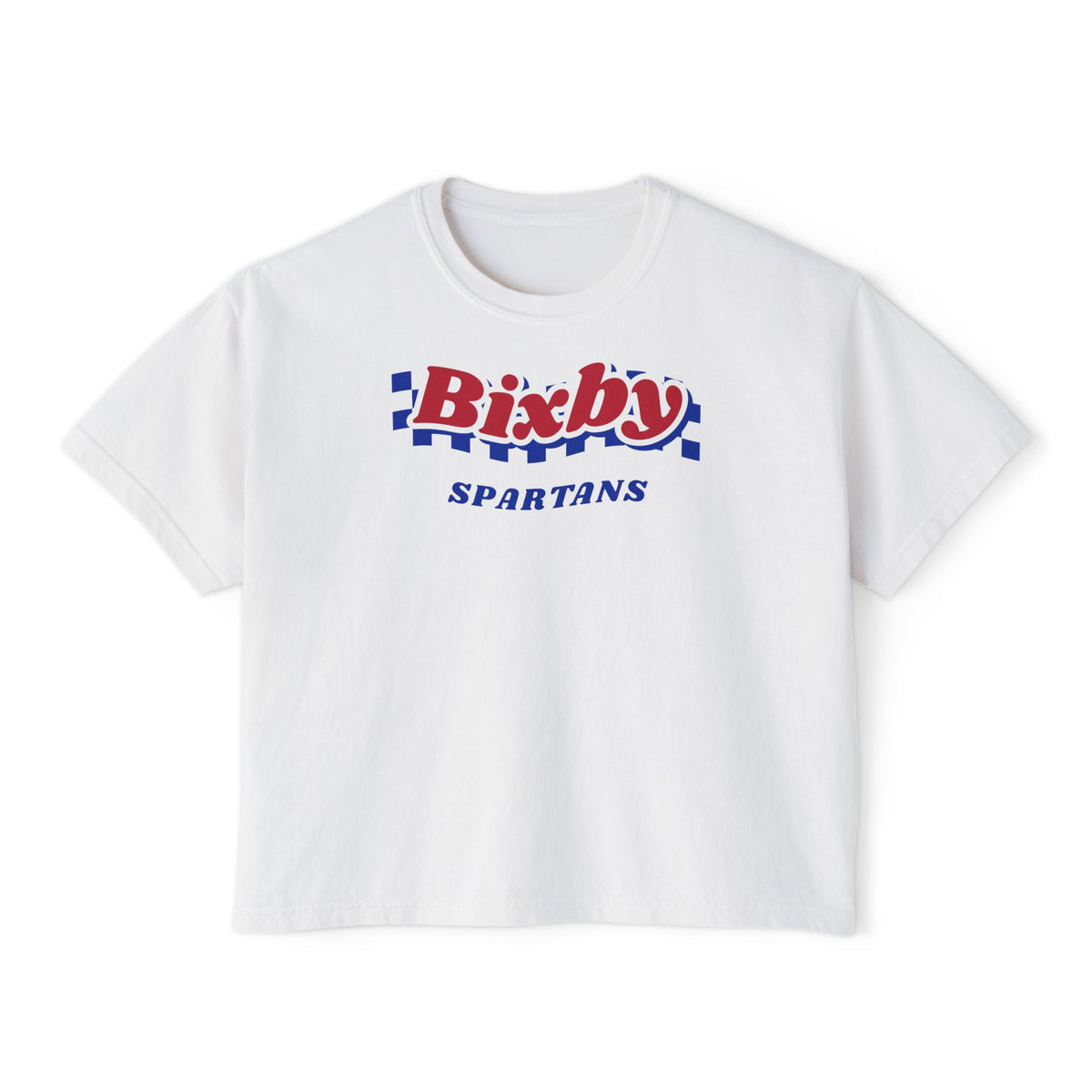 Bixby Spartans Navy Checker Retro Logo Women's Boxy Tee – Game Day Shirt