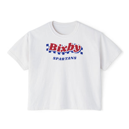 Bixby Spartans Navy Checker Retro Logo Women's Boxy Tee – Game Day Shirt