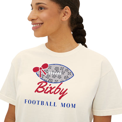 Bixby Spartans Football Mom Women's Boxy Tee – Leopard Football & Bow, Navy Lettering