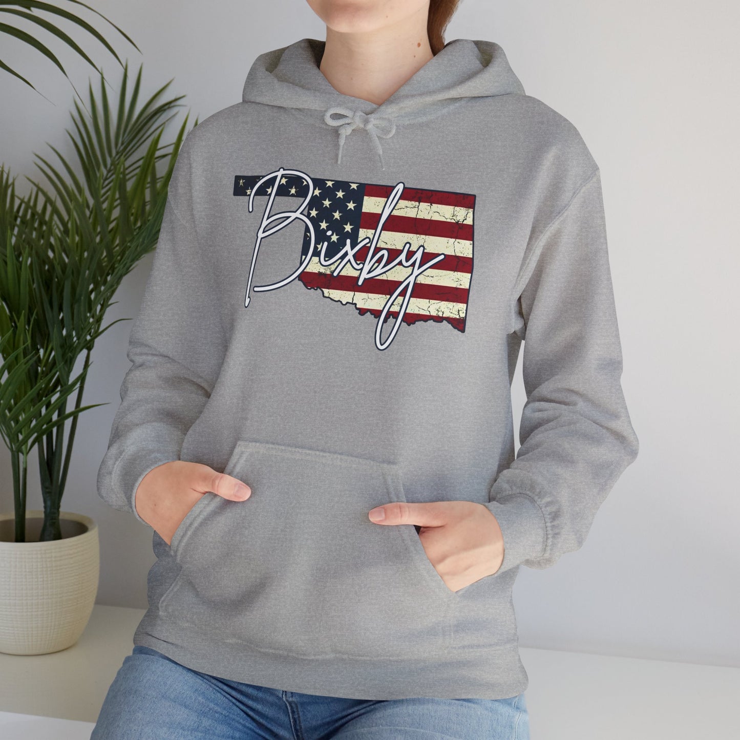 Oklahoma Flag Hoodie with "Bixby" Script Gildan Hoodie