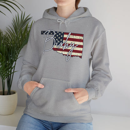 Oklahoma Flag Hoodie with "Bixby" Script Gildan Hoodie