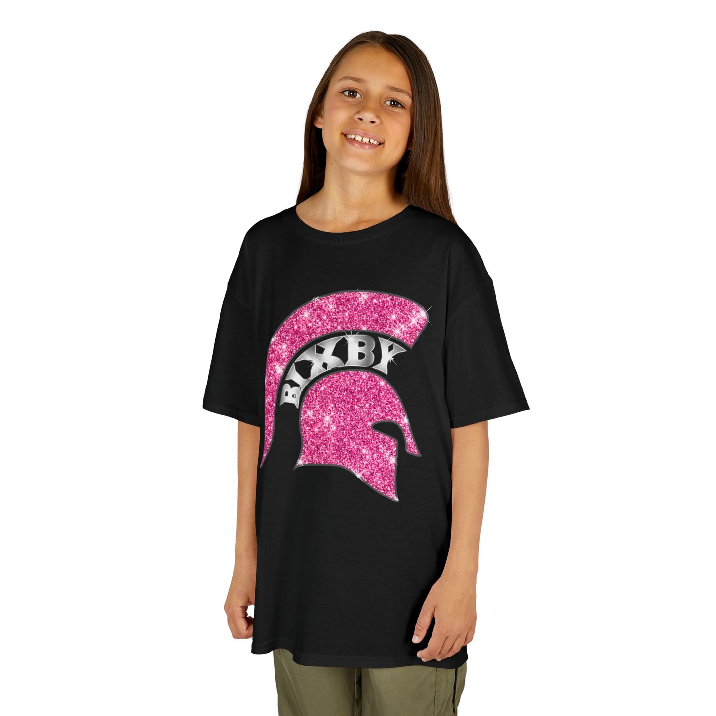 Bixby Spartan Pink Helmet Bling Youth Gildan Tee