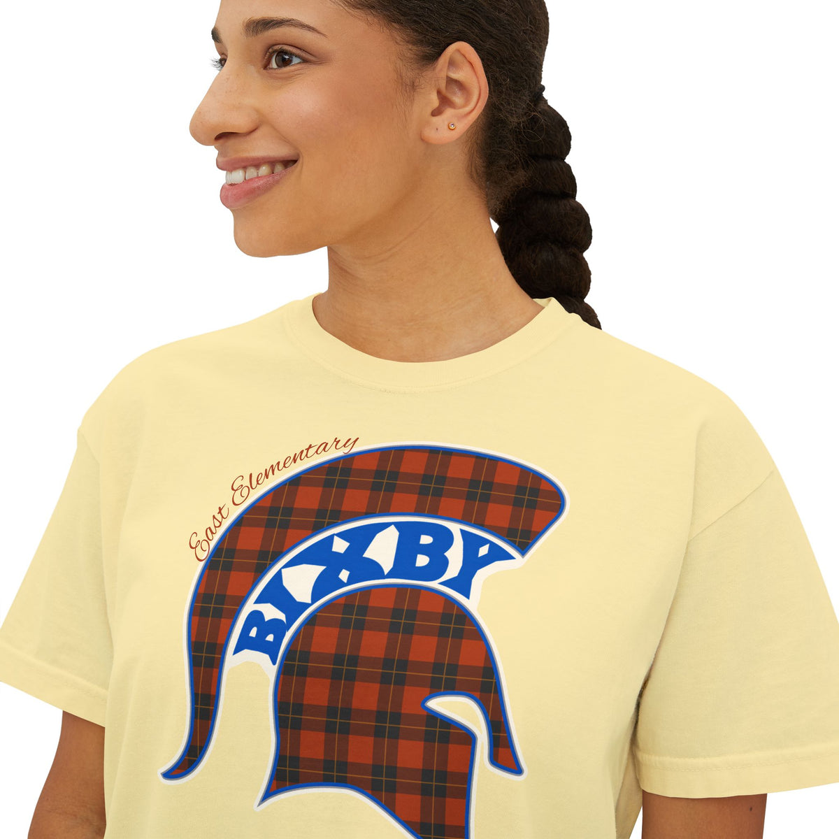 Bixby Spartans East Elementary Plaid Helmet Women's Boxy Tee – School Spirit Mom Shirt