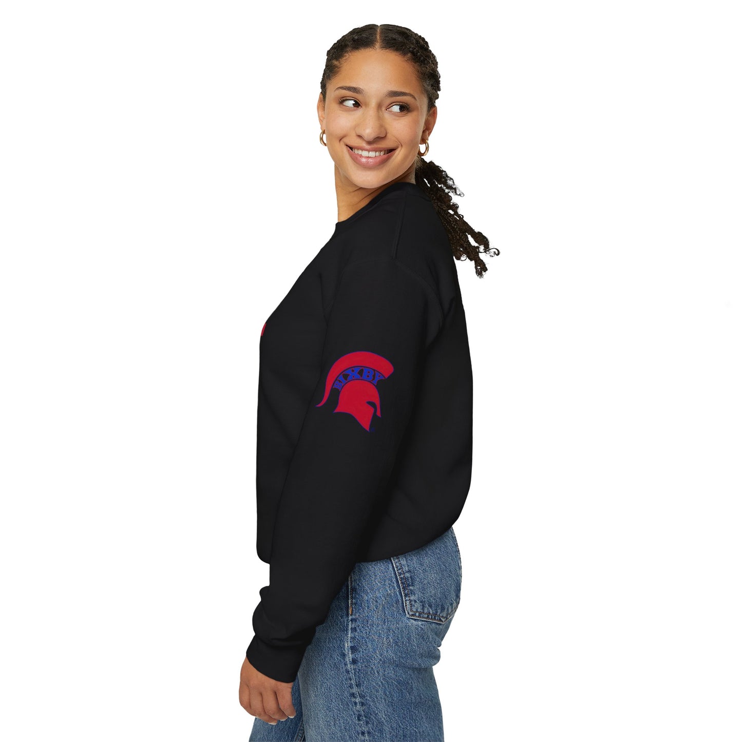 Bixby Block Print Gildan Sweatshirt with Sleeve Logo
