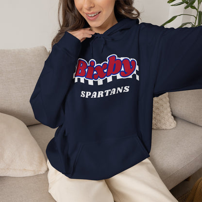 Bixby Spartans Retro Script Checkered Hoodie – Red, White & Blue Game Day Hooded Sweatshirt