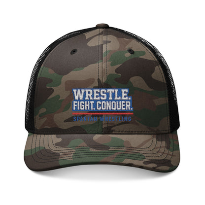 Bixby Wrestle. Fight. Conquer. Camouflaged Trucker Snapback