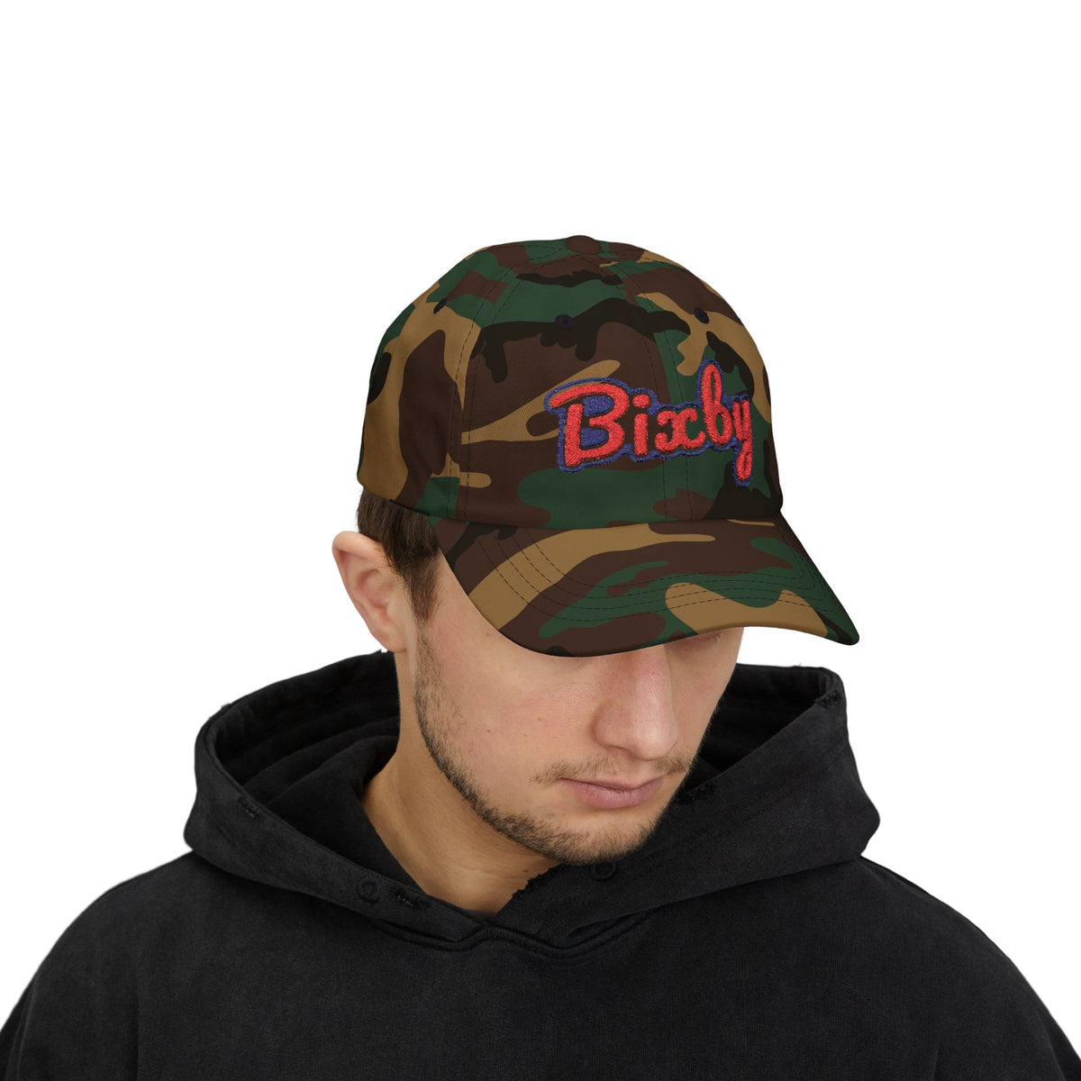 Embroidered "Bixby" Classic Dad Cap — White Retro Script Baseball Hat