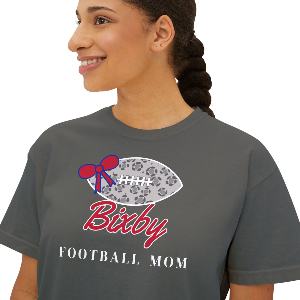 Bixby Spartans Football Mom Women's Boxy Tee – Leopard Football & Bow, White Lettering