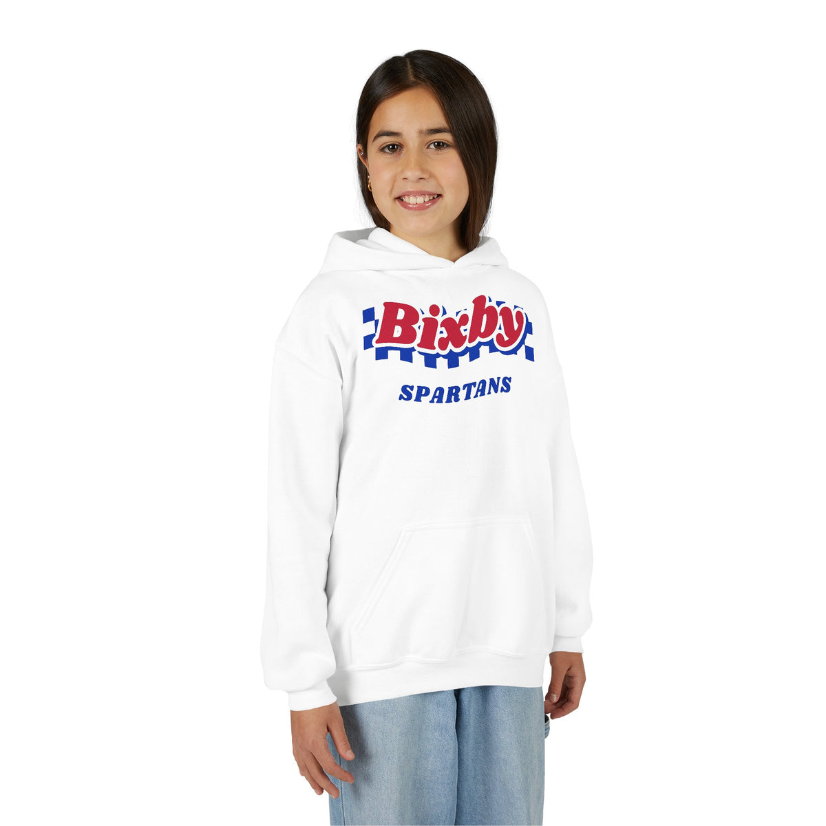 Bixby Spartans Retro Blue Checkered Script Youth Hoodie – Kids Vintage Game Day Hoodie